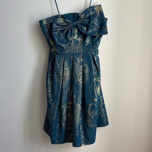 REBECCA TAYLOR Bow Metallic Silk Turquoise Strapless Mini Dress - Size 8